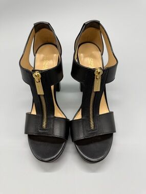 MICHAEL Michael Kors Black Leather Zip T-Strap Heels with Gold Hardware